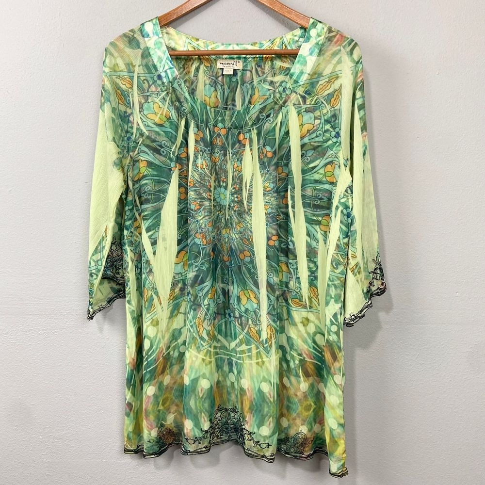 One World Peasant Blouse Size XL‎ Tunic Top Sheer Boho Art Deco Fairy Festival